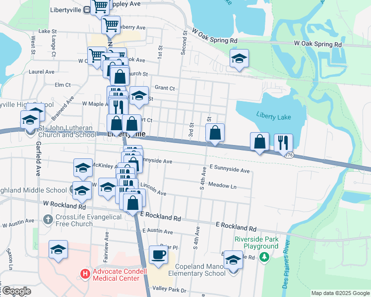 map of restaurants, bars, coffee shops, grocery stores, and more near 443 East Park Avenue in Libertyville