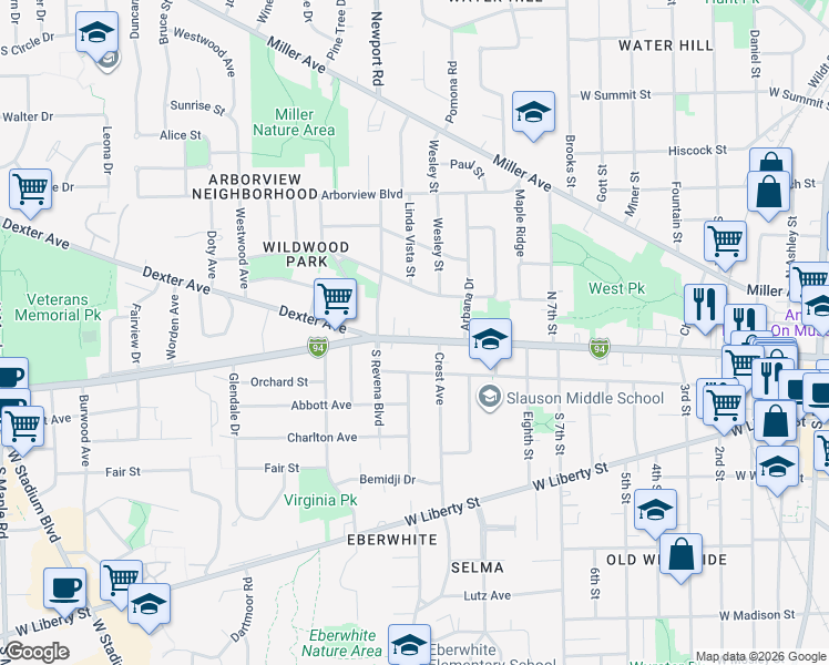 map of restaurants, bars, coffee shops, grocery stores, and more near in Ann Arbor