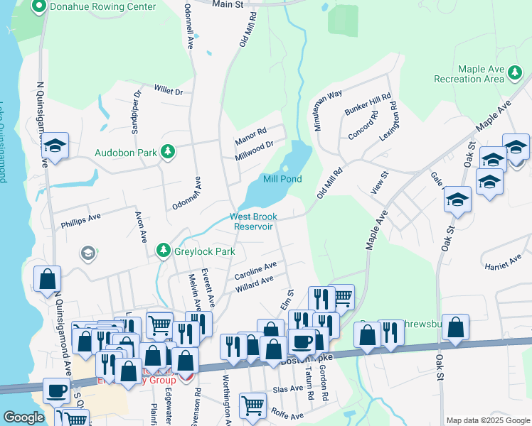 map of restaurants, bars, coffee shops, grocery stores, and more near 159 Old Mill Road in Shrewsbury