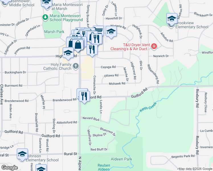 map of restaurants, bars, coffee shops, grocery stores, and more near 4709 Mohawk Road in Rockford