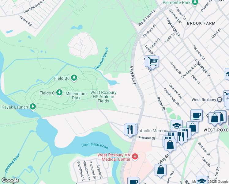 map of restaurants, bars, coffee shops, grocery stores, and more near 1205 VFW Parkway in Boston