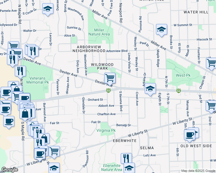 map of restaurants, bars, coffee shops, grocery stores, and more near 1616 Jackson Avenue in Ann Arbor