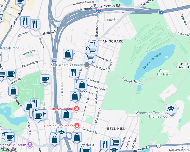 map of restaurants, bars, coffee shops, grocery stores, and more near 6 Ashton Street in Worcester