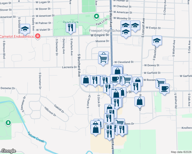 map of restaurants, bars, coffee shops, grocery stores, and more near 1601 South Dirck Drive in Freeport