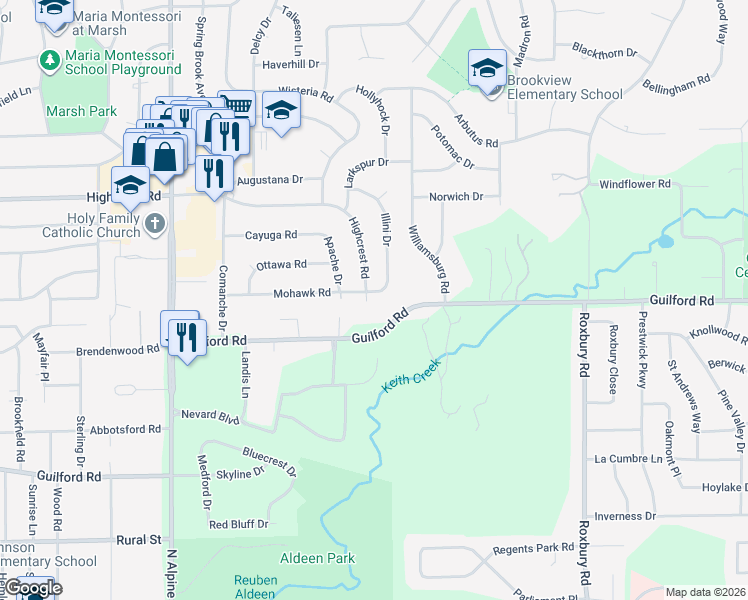 map of restaurants, bars, coffee shops, grocery stores, and more near 5001 Mohawk Road in Rockford