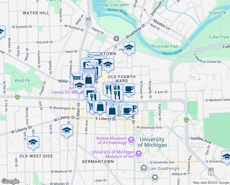 map of restaurants, bars, coffee shops, grocery stores, and more near 126 North Division Street in Ann Arbor