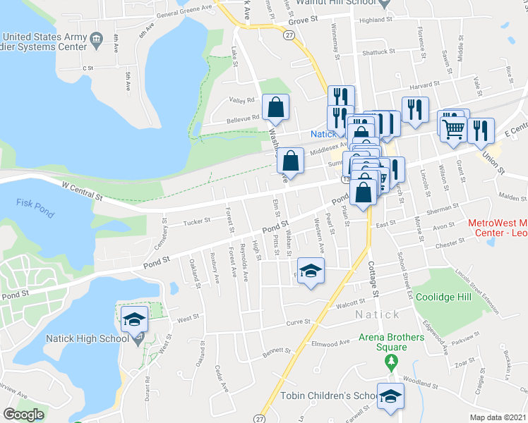 map of restaurants, bars, coffee shops, grocery stores, and more near 73R Pond Street in Natick