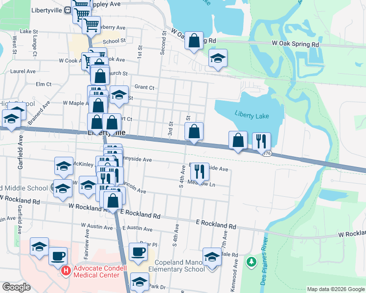 map of restaurants, bars, coffee shops, grocery stores, and more near 539 East Park Avenue in Libertyville