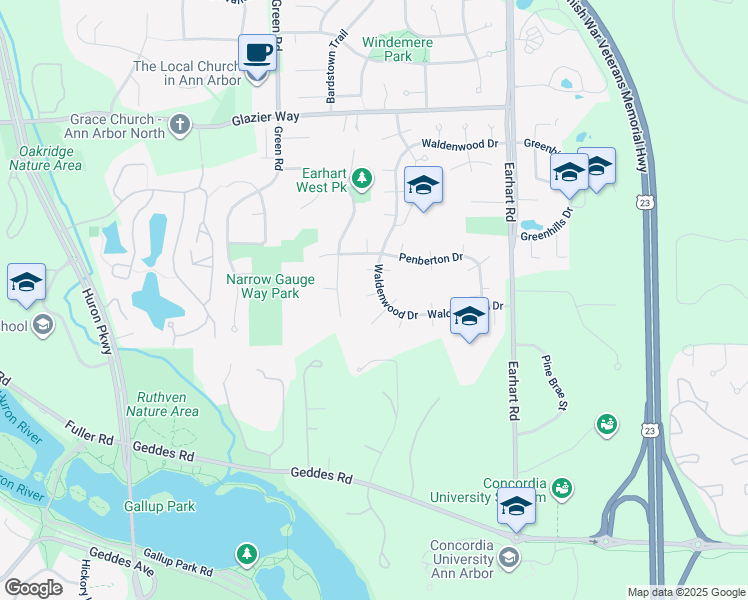 map of restaurants, bars, coffee shops, grocery stores, and more near 3895 Waldenwood Drive in Ann Arbor
