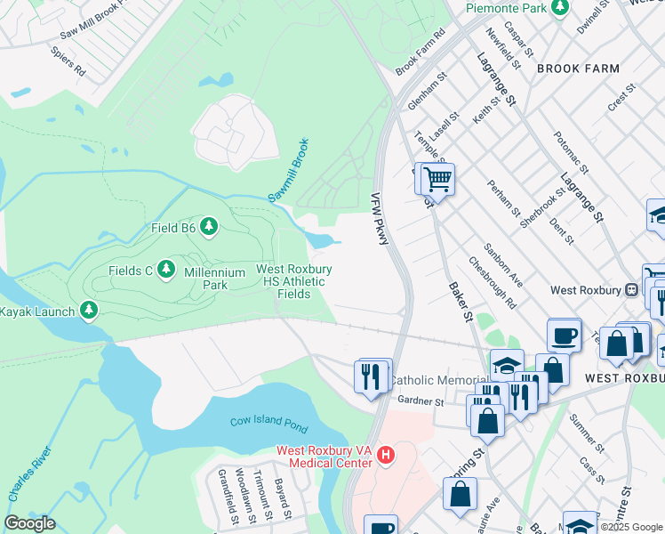 map of restaurants, bars, coffee shops, grocery stores, and more near 1205 VFW Parkway in Boston