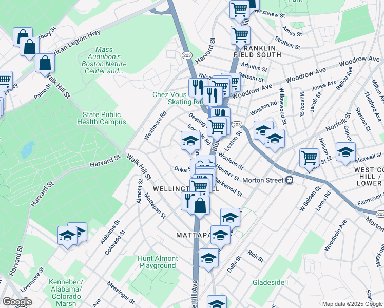 map of restaurants, bars, coffee shops, grocery stores, and more near 3 Outlook Road in Boston