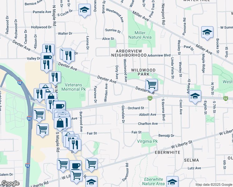 map of restaurants, bars, coffee shops, grocery stores, and more near 112 Allen Drive in Ann Arbor