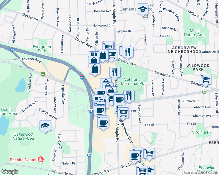 map of restaurants, bars, coffee shops, grocery stores, and more near 195 North Maple Road in Ann Arbor