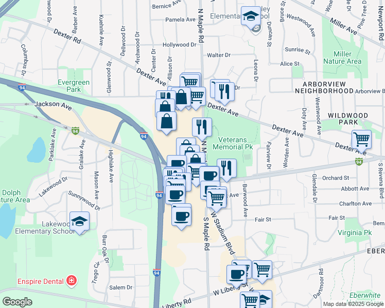 map of restaurants, bars, coffee shops, grocery stores, and more near 195 North Maple Road in Ann Arbor