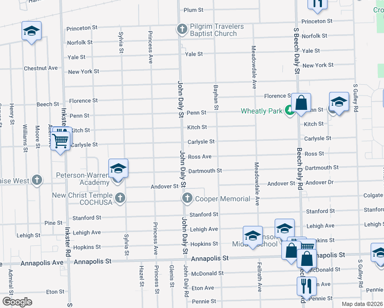 map of restaurants, bars, coffee shops, grocery stores, and more near 26450 Ross Street in Inkster