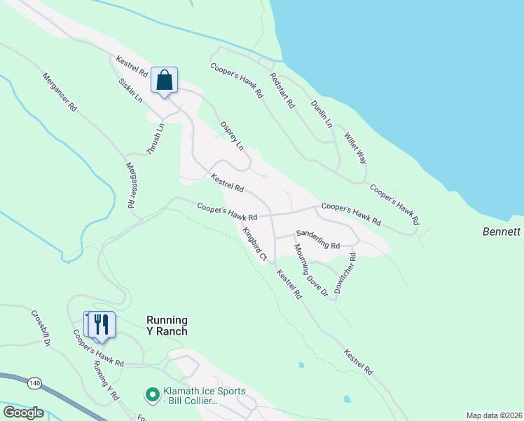 map of restaurants, bars, coffee shops, grocery stores, and more near 6012 Cooper's Hawk Road in Klamath Falls