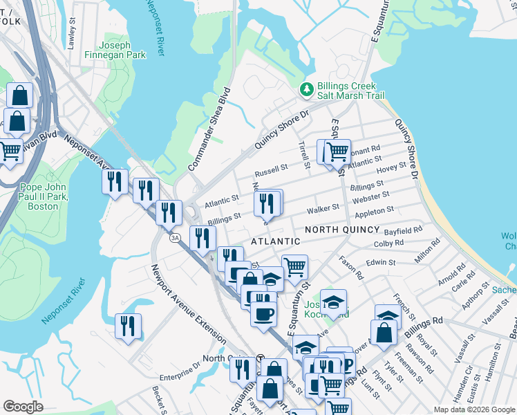 map of restaurants, bars, coffee shops, grocery stores, and more near 47 Newbury Avenue in Quincy