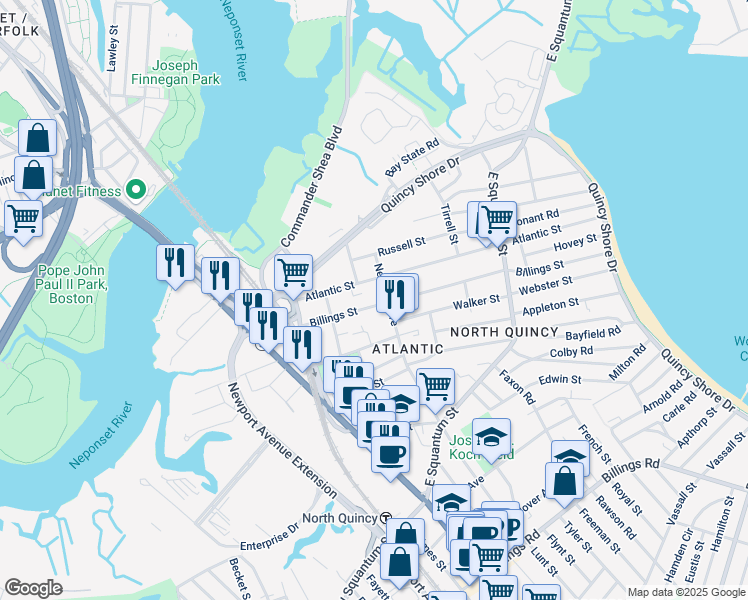 map of restaurants, bars, coffee shops, grocery stores, and more near 47 Newbury Avenue in Quincy