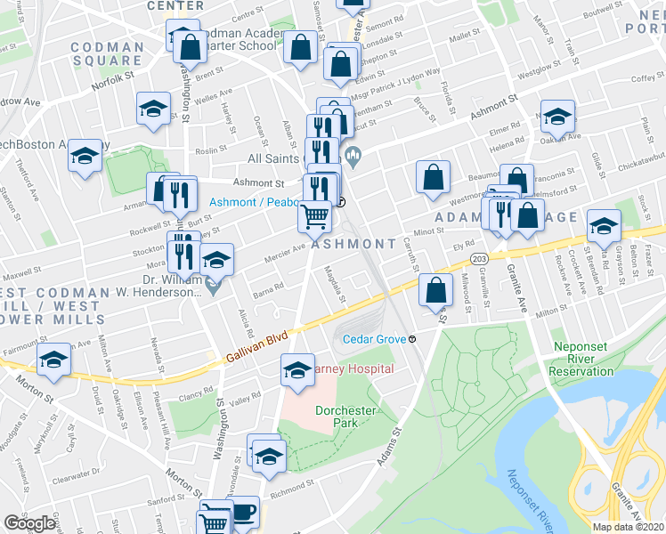 map of restaurants, bars, coffee shops, grocery stores, and more near 6 Magdala Street in Boston