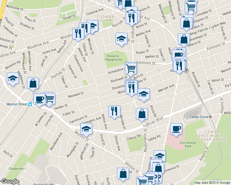 map of restaurants, bars, coffee shops, grocery stores, and more near 44 Mora Street in Boston