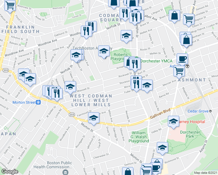map of restaurants, bars, coffee shops, grocery stores, and more near 104 Milton Avenue in Boston