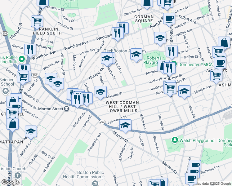 map of restaurants, bars, coffee shops, grocery stores, and more near 62 Maxwell Street in Boston