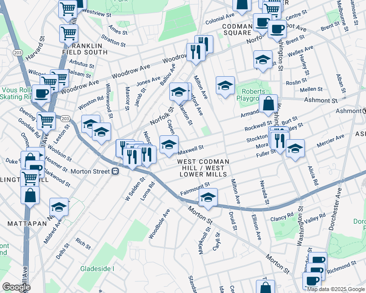 map of restaurants, bars, coffee shops, grocery stores, and more near 91-93 Maxwell Street in Boston