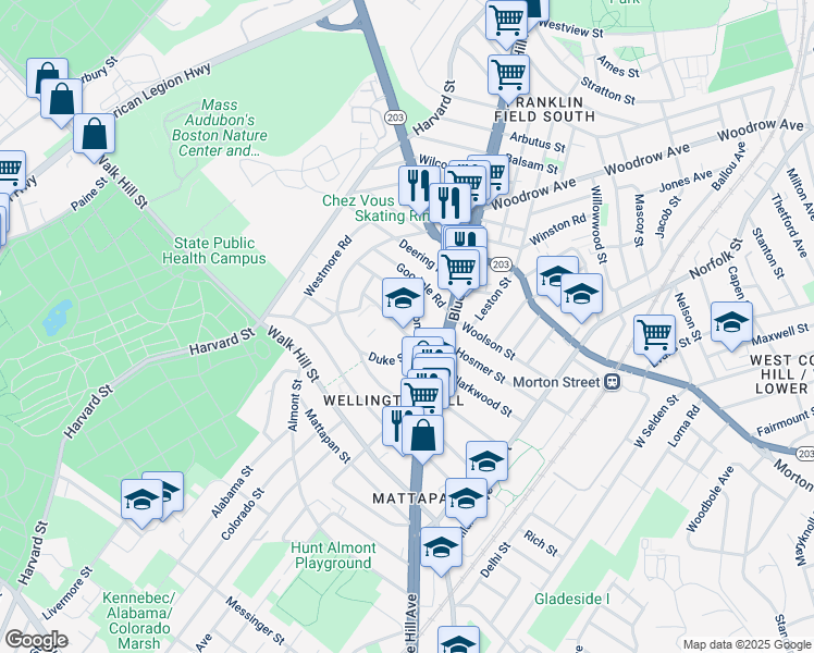 map of restaurants, bars, coffee shops, grocery stores, and more near 3 Outlook Road in Boston