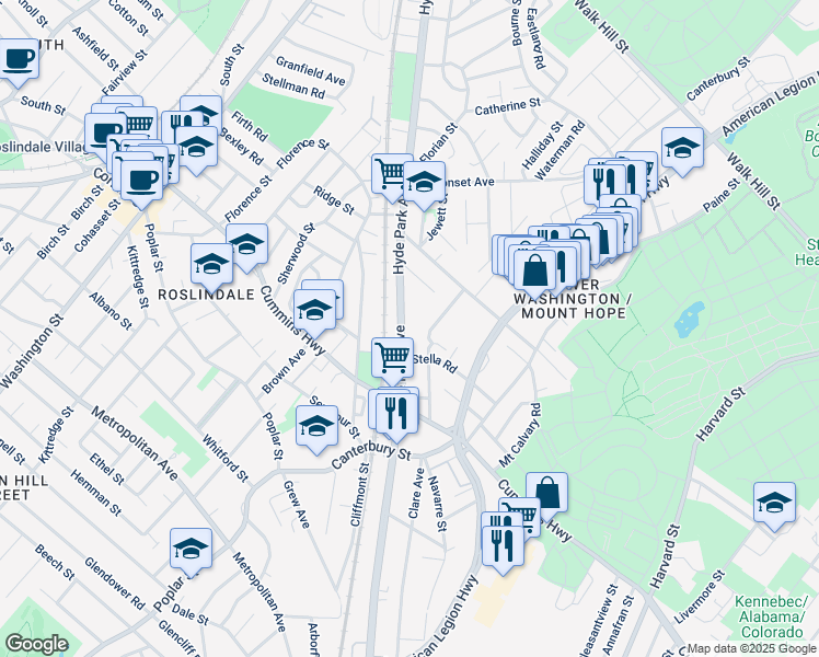 map of restaurants, bars, coffee shops, grocery stores, and more near 56A Harding Road in Boston