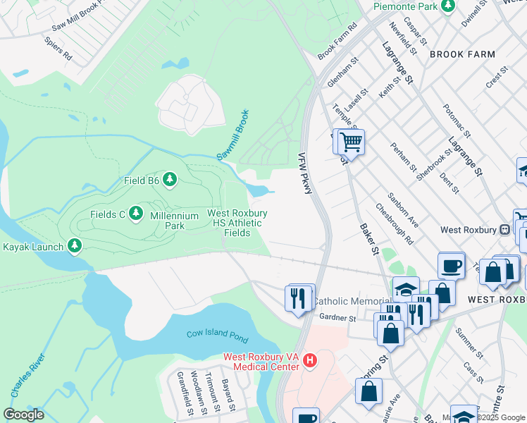 map of restaurants, bars, coffee shops, grocery stores, and more near 1400 VFW Parkway in Boston