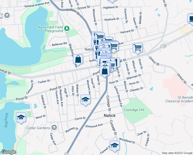 map of restaurants, bars, coffee shops, grocery stores, and more near 7 Plain Street in Natick