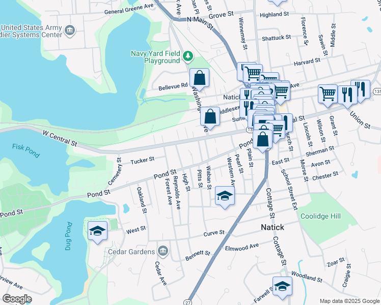 map of restaurants, bars, coffee shops, grocery stores, and more near 73R Pond Street in Natick