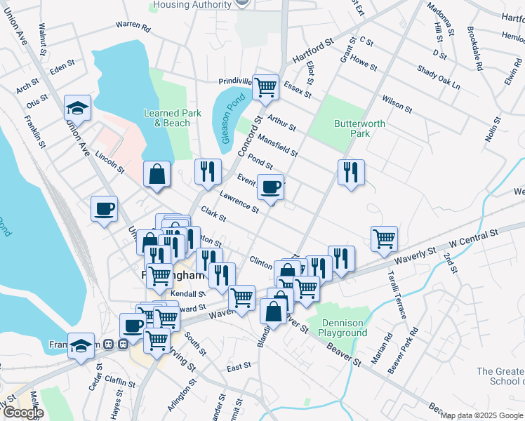 map of restaurants, bars, coffee shops, grocery stores, and more near 116 Grant Street in Framingham