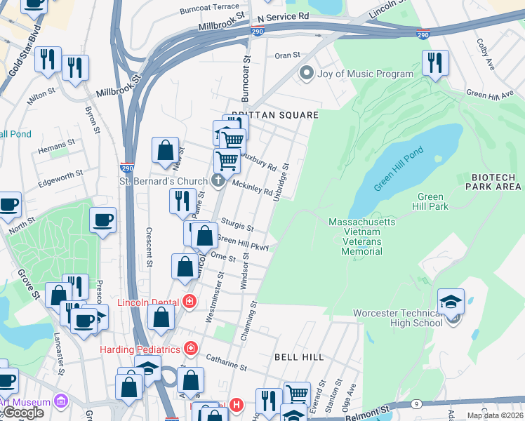 map of restaurants, bars, coffee shops, grocery stores, and more near 54 Windsor Street in Worcester