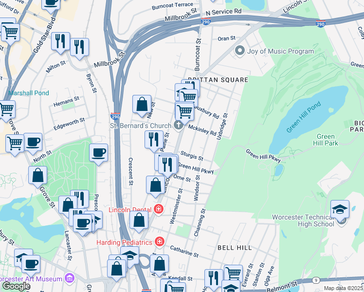 map of restaurants, bars, coffee shops, grocery stores, and more near in Worcester