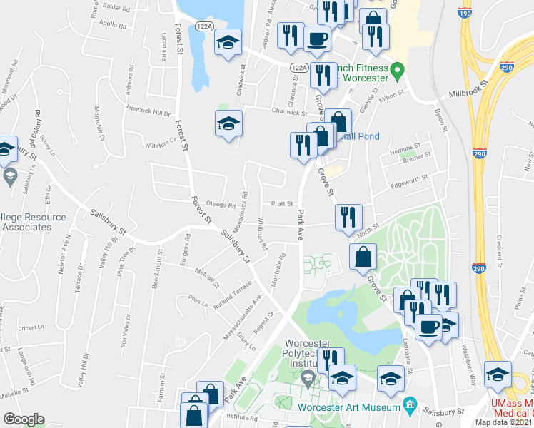 map of restaurants, bars, coffee shops, grocery stores, and more near 35 Whitman Road in Worcester