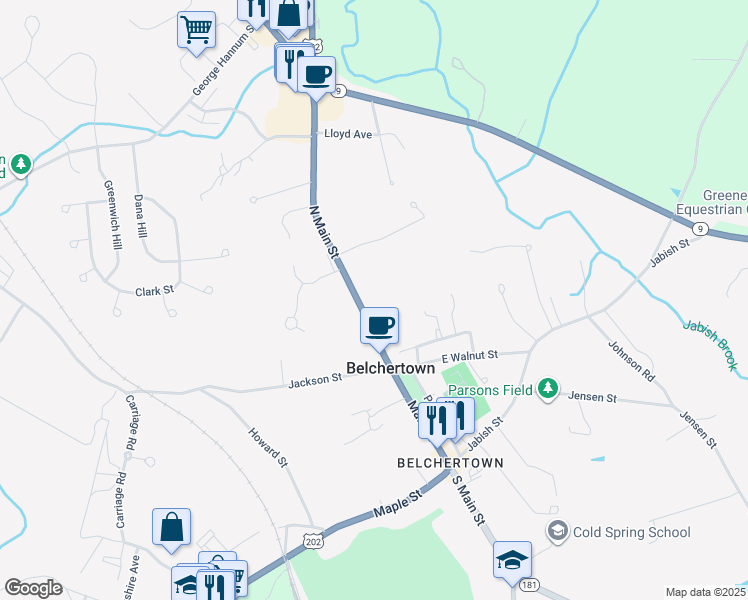 map of restaurants, bars, coffee shops, grocery stores, and more near 30 North Main Street in Belchertown