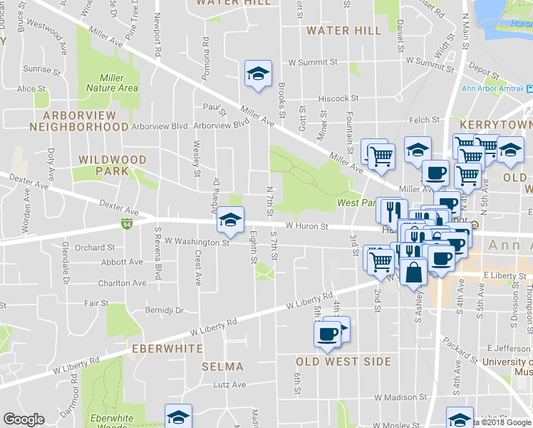 map of restaurants, bars, coffee shops, grocery stores, and more near 844 West Huron Street in Ann Arbor