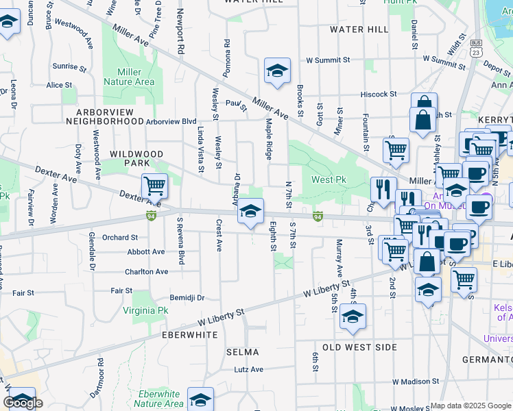 map of restaurants, bars, coffee shops, grocery stores, and more near 1120 West Huron Street in Ann Arbor