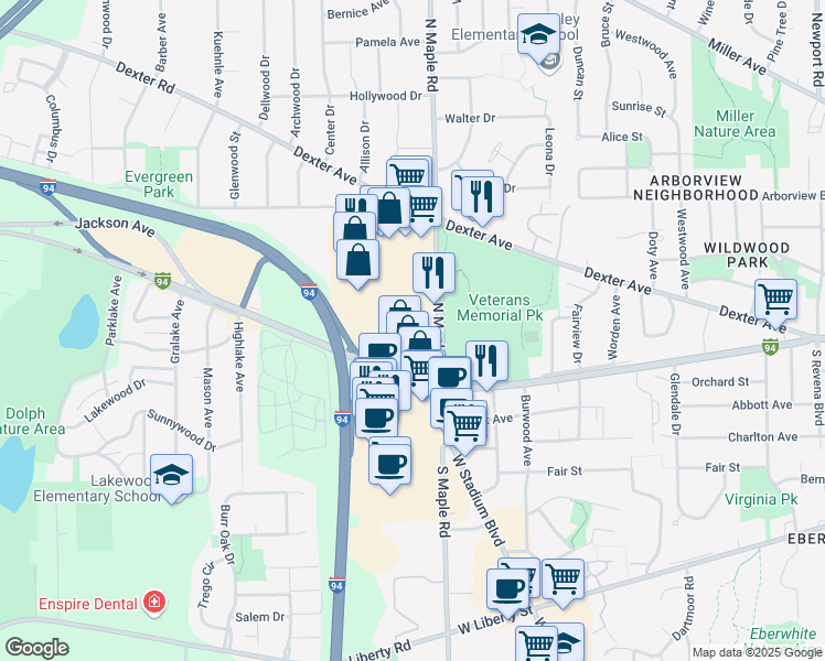 map of restaurants, bars, coffee shops, grocery stores, and more near 211 N Maple Rd in Ann Arbor