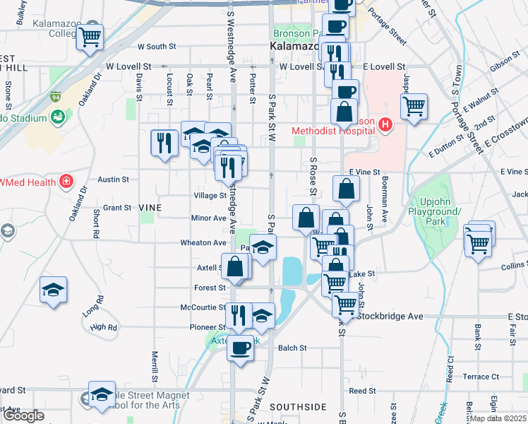 map of restaurants, bars, coffee shops, grocery stores, and more near 931 South Park Street in Kalamazoo