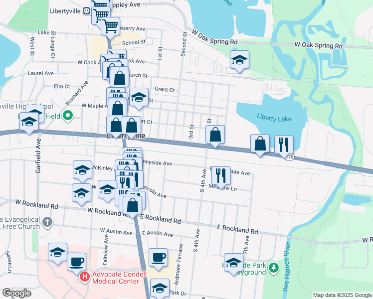 map of restaurants, bars, coffee shops, grocery stores, and more near 443 East Park Avenue in Libertyville