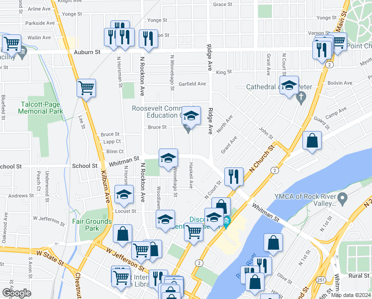 map of restaurants, bars, coffee shops, grocery stores, and more near 905 Haskell Avenue in Rockford