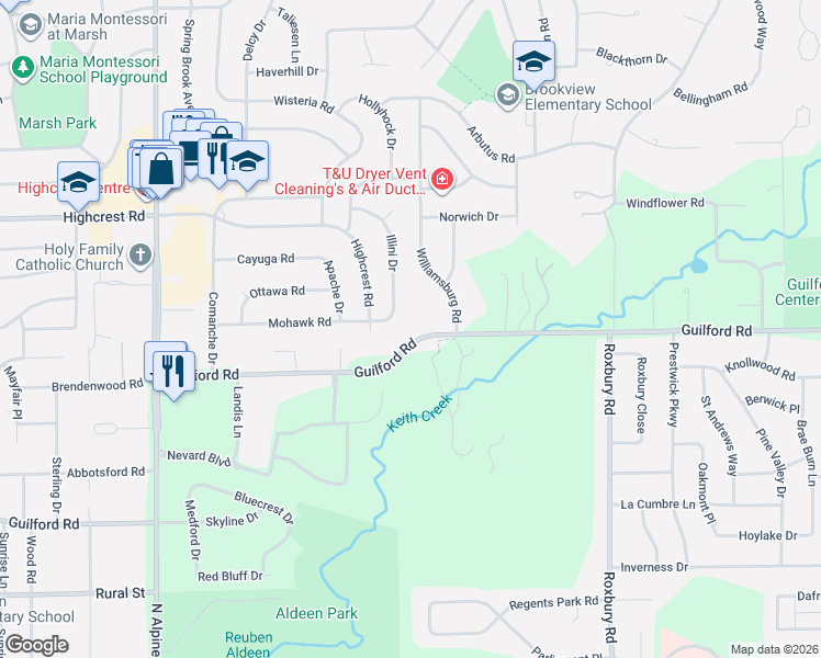 map of restaurants, bars, coffee shops, grocery stores, and more near 5010 Guilford Road in Rockford