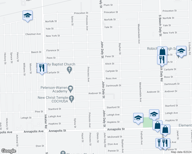 map of restaurants, bars, coffee shops, grocery stores, and more near 26668 Ross Street in Inkster