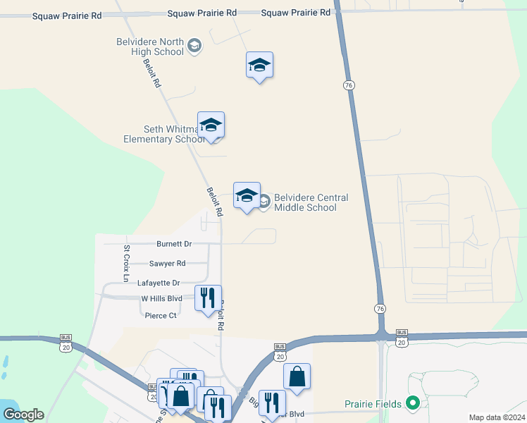 map of restaurants, bars, coffee shops, grocery stores, and more near 8787 Beloit Road in Belvidere