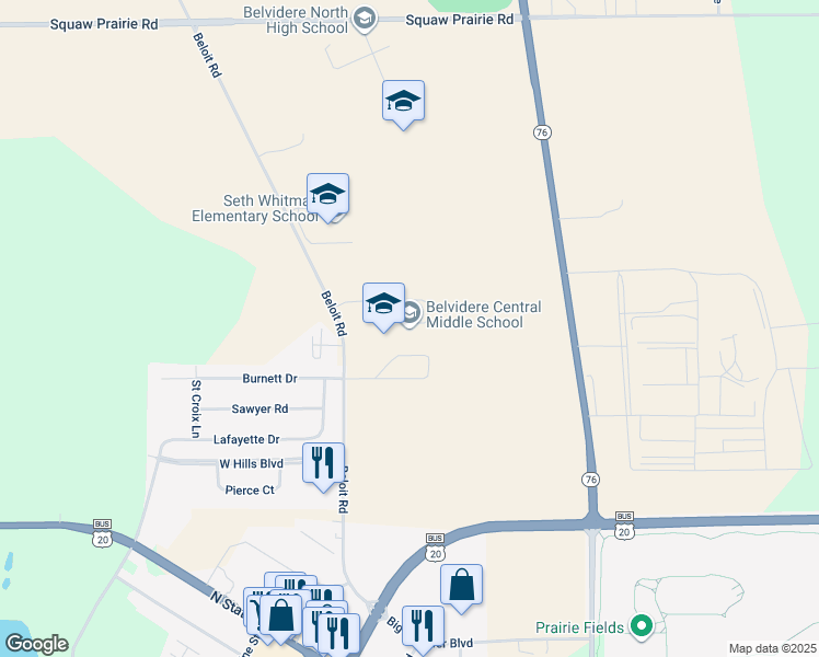 map of restaurants, bars, coffee shops, grocery stores, and more near 8787 Beloit Road in Belvidere