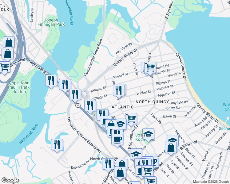 map of restaurants, bars, coffee shops, grocery stores, and more near 47 Newbury Avenue in Quincy