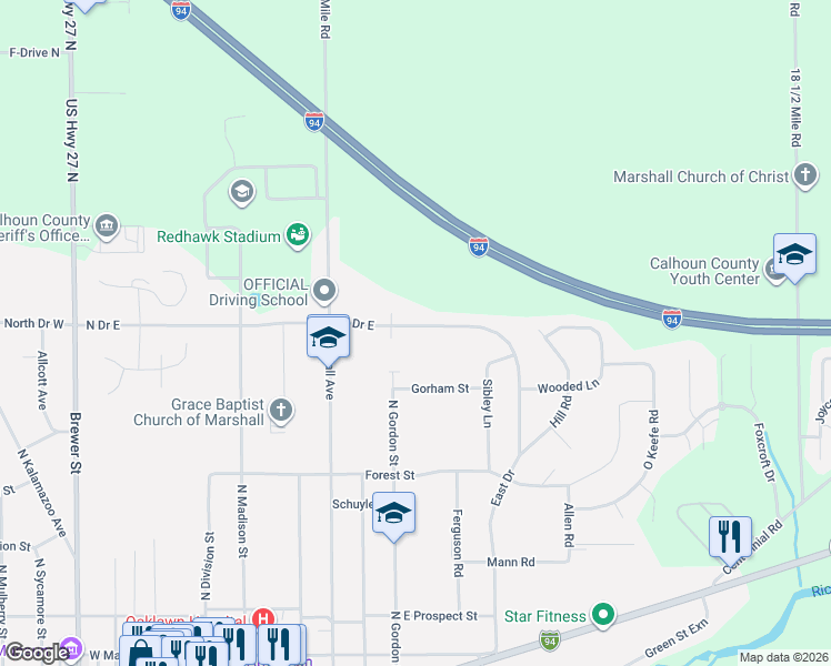 map of restaurants, bars, coffee shops, grocery stores, and more near 710 North Drive East in Marshall