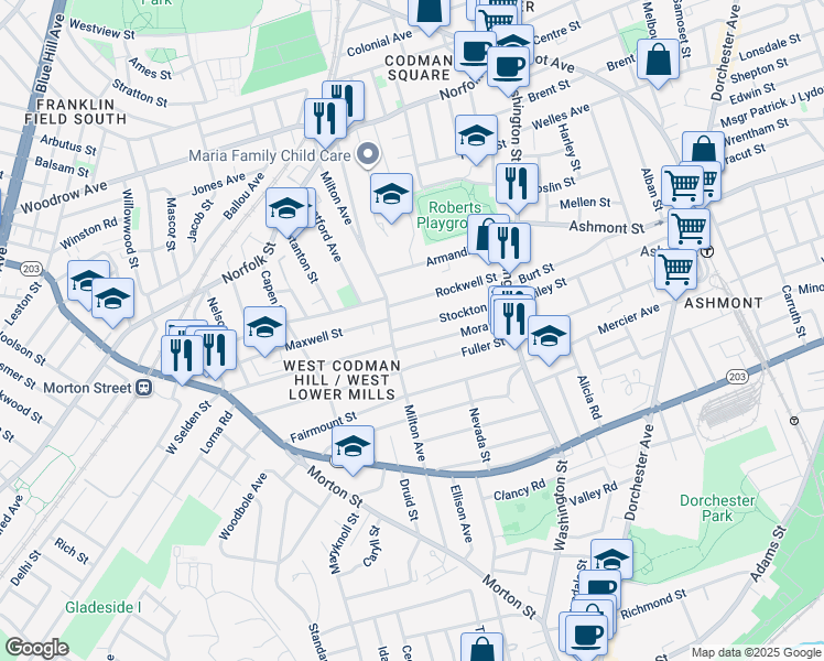 map of restaurants, bars, coffee shops, grocery stores, and more near 64 Stockton Street in Boston